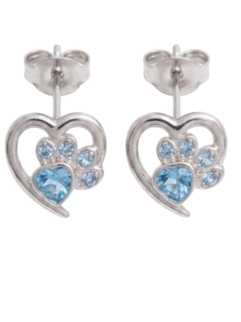 New Sterling Silver Heart Paw Print Stud Earrings Blue Topaz Crystals